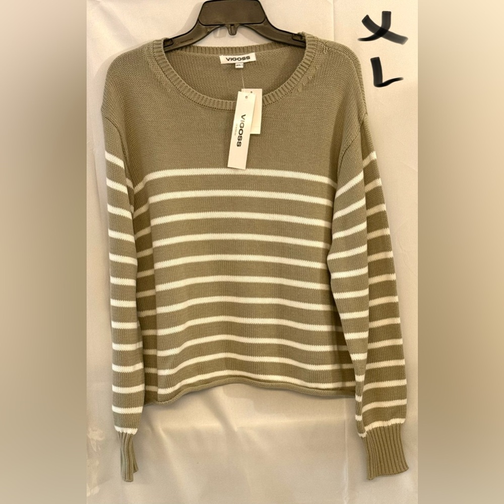 Vigoss Olive and White Striped Crew Neck Sweater